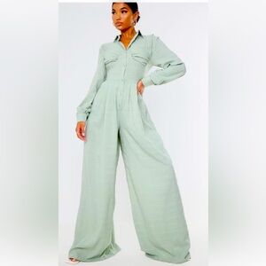 BRAND NEW (w/out tag) PrettyLittleThing Sage Green Rouged Wide Leg Jumpsuit 8